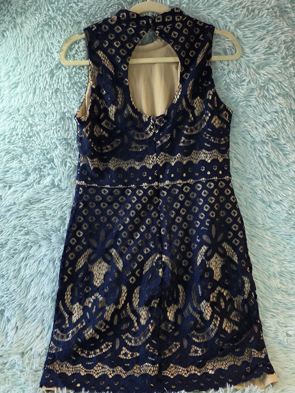 AUW Navy Blue Lace Mini Dress Size 10 Nude Lining Wedding Guest - Picture 2 of 13